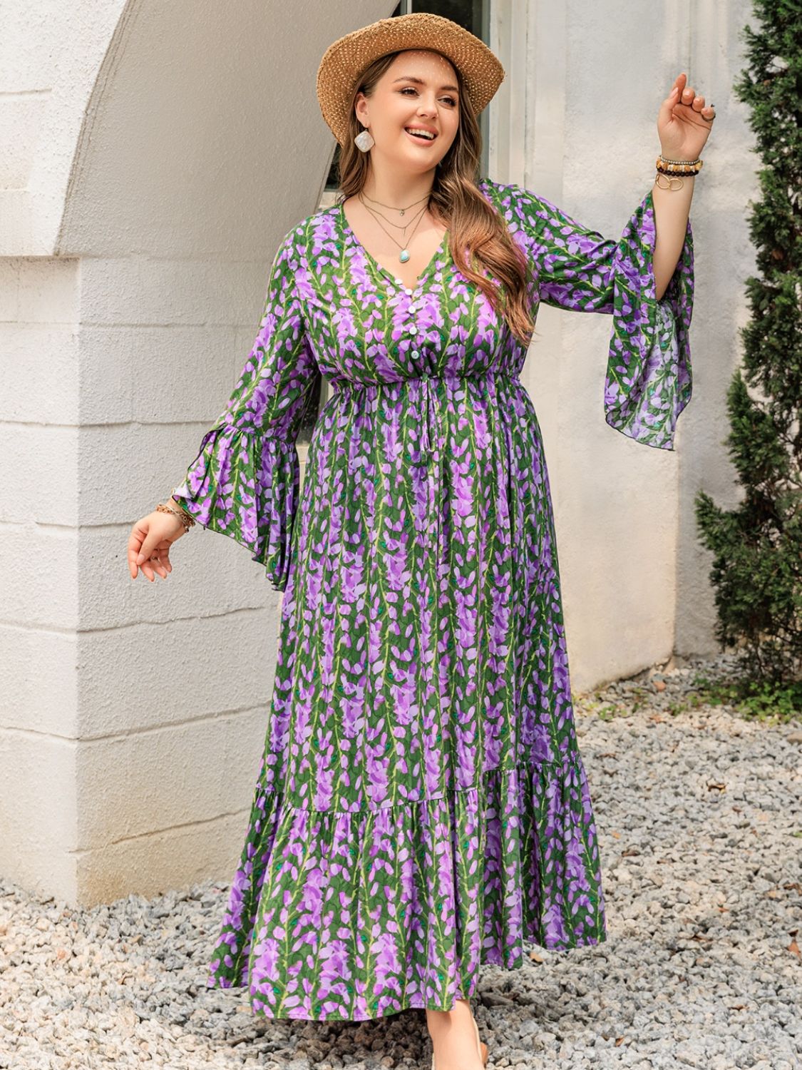 Plus Size Printed V - Neck Long Sleeve Maxi Dress - Purcell's Clothing Company - 