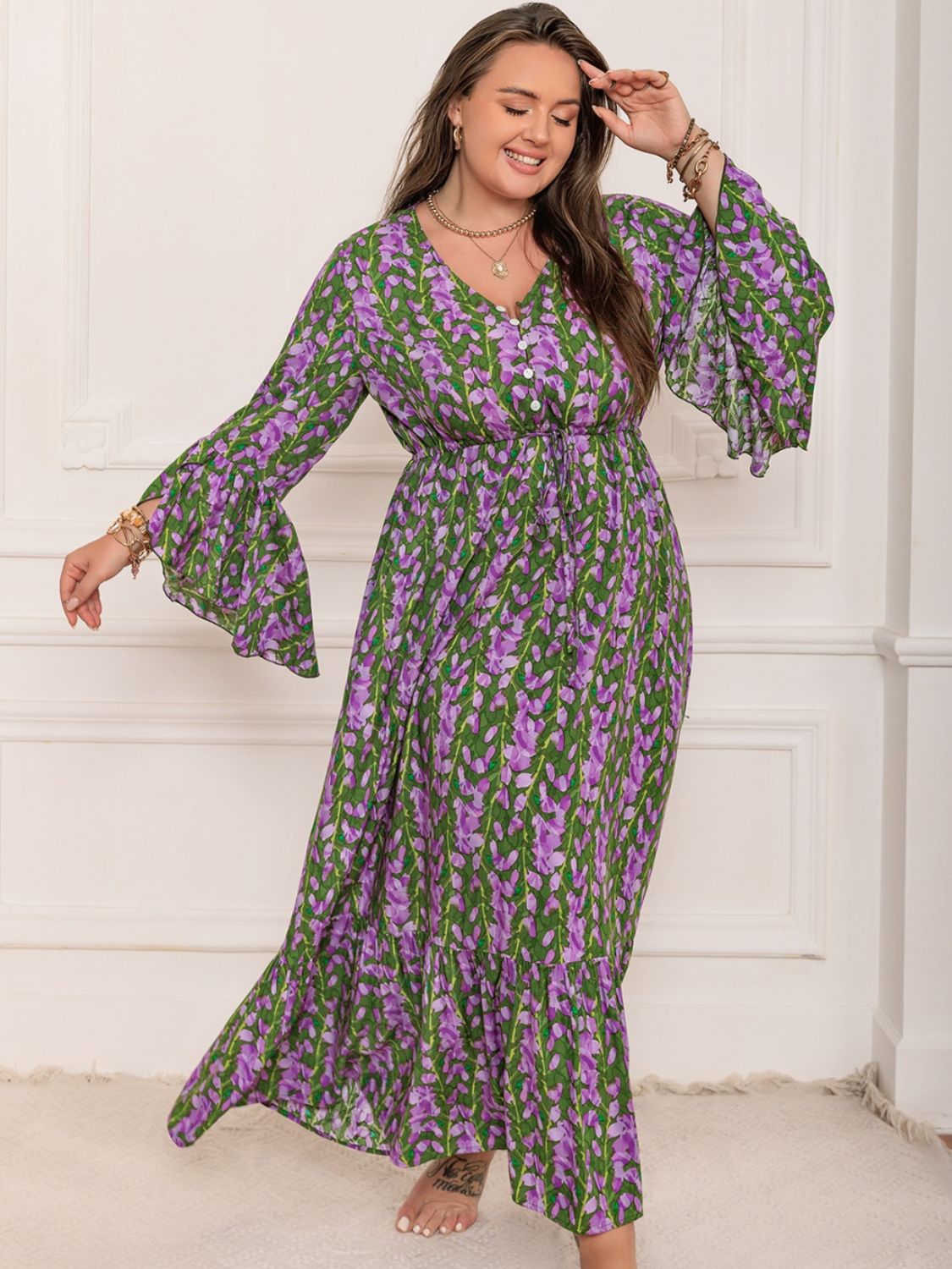 Plus Size Printed V - Neck Long Sleeve Maxi Dress - Purcell's Clothing Company - 