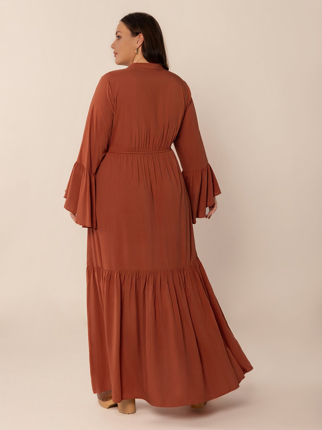 Plus Size Ruffled Notched Long Sleeve Midi Dress - Purcell's Clothing Company - 