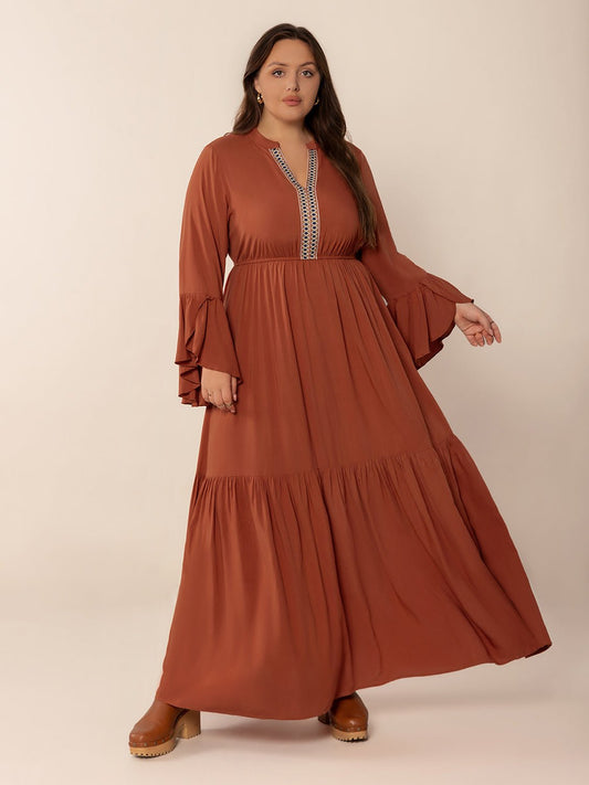 Plus Size Ruffled Notched Long Sleeve Midi Dress - Purcell's Clothing Company - 