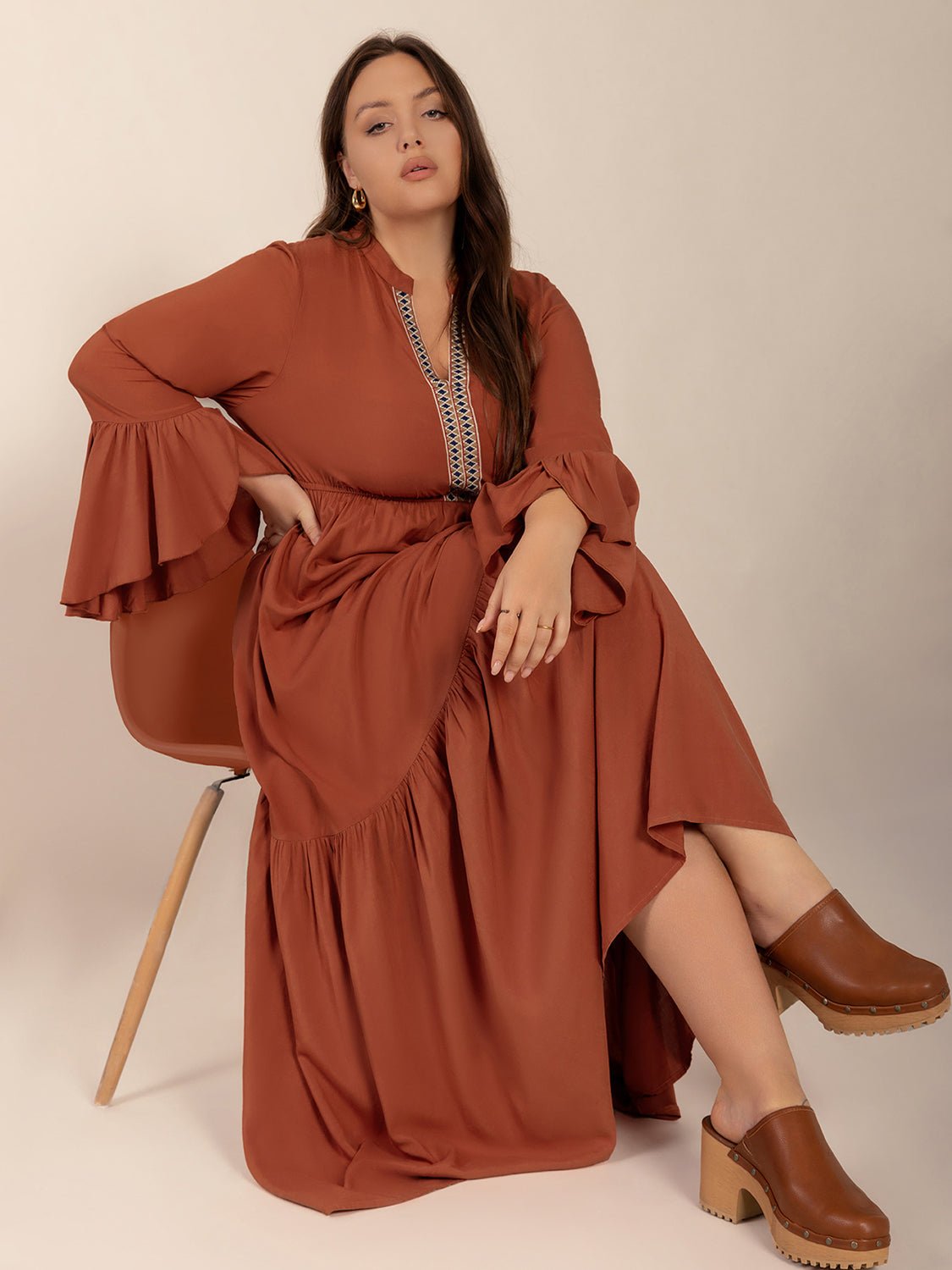 Plus Size Ruffled Notched Long Sleeve Midi Dress - Purcell's Clothing Company - 