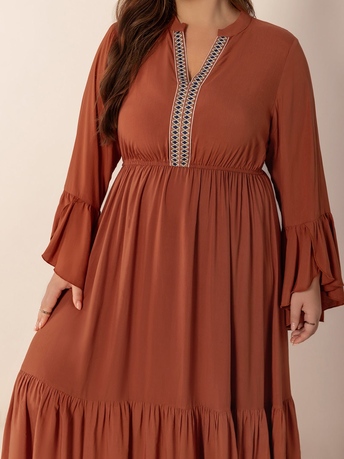 Plus Size Ruffled Notched Long Sleeve Midi Dress - Purcell's Clothing Company - 