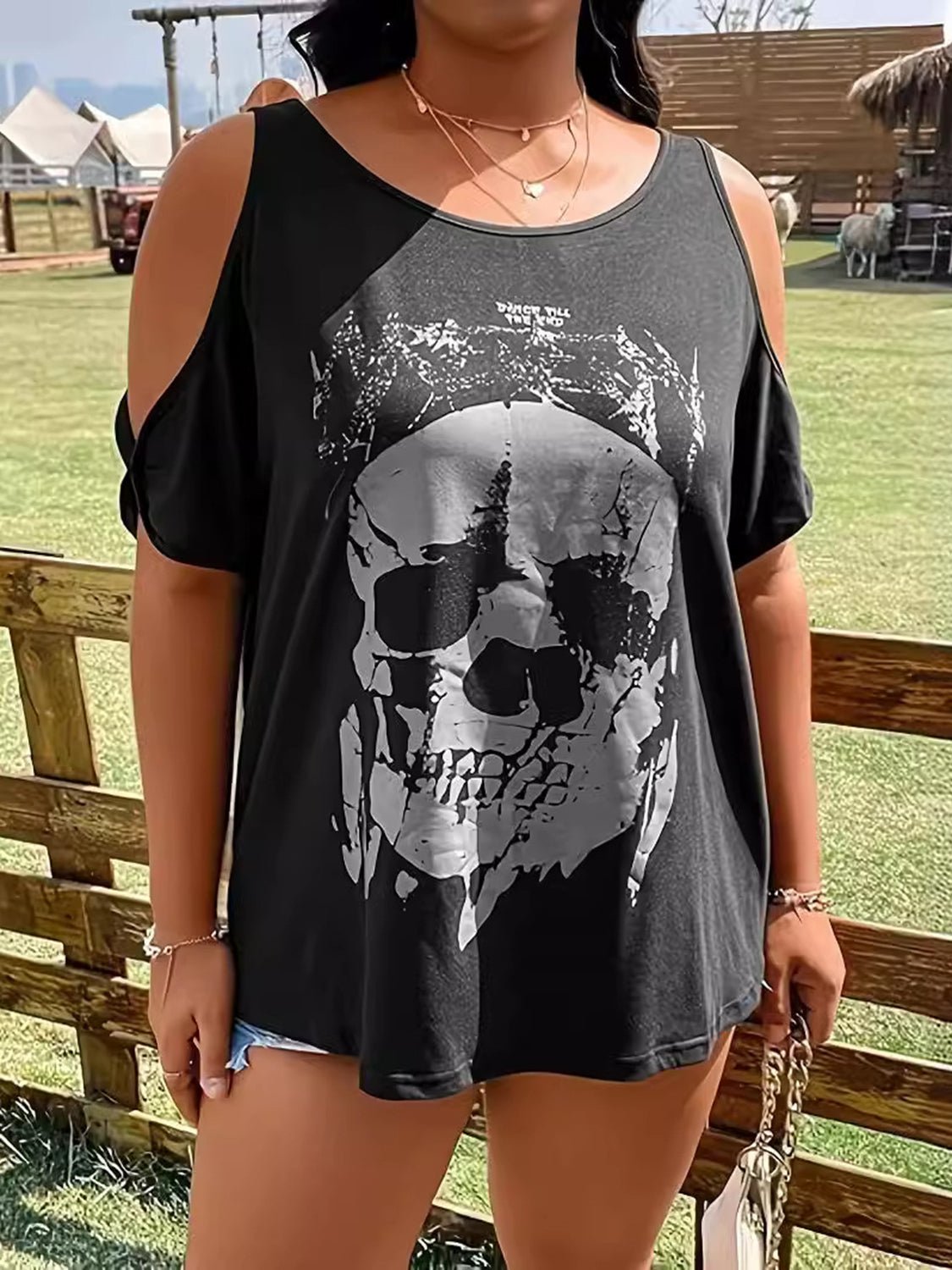 Plus Size Skeleton Graphic Round Neck Cold Shoulder T-Shirt - Purcell's Clothing Company - 