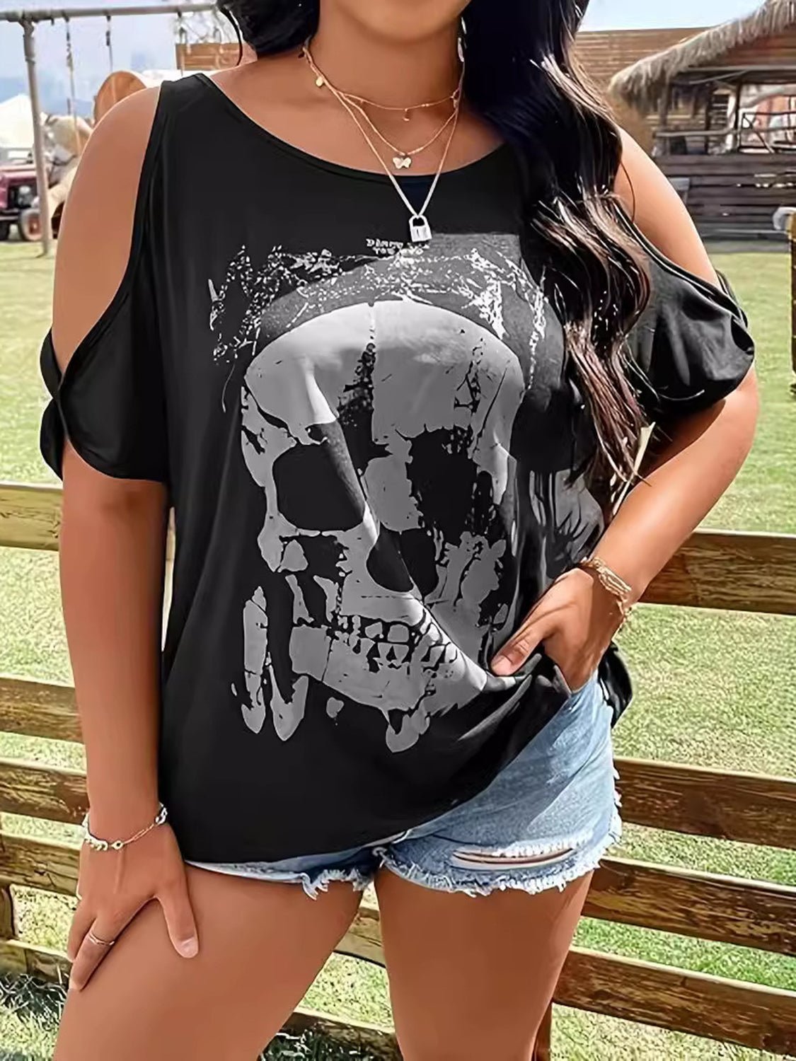 Plus Size Skeleton Graphic Round Neck Cold Shoulder T-Shirt - Purcell's Clothing Company - 