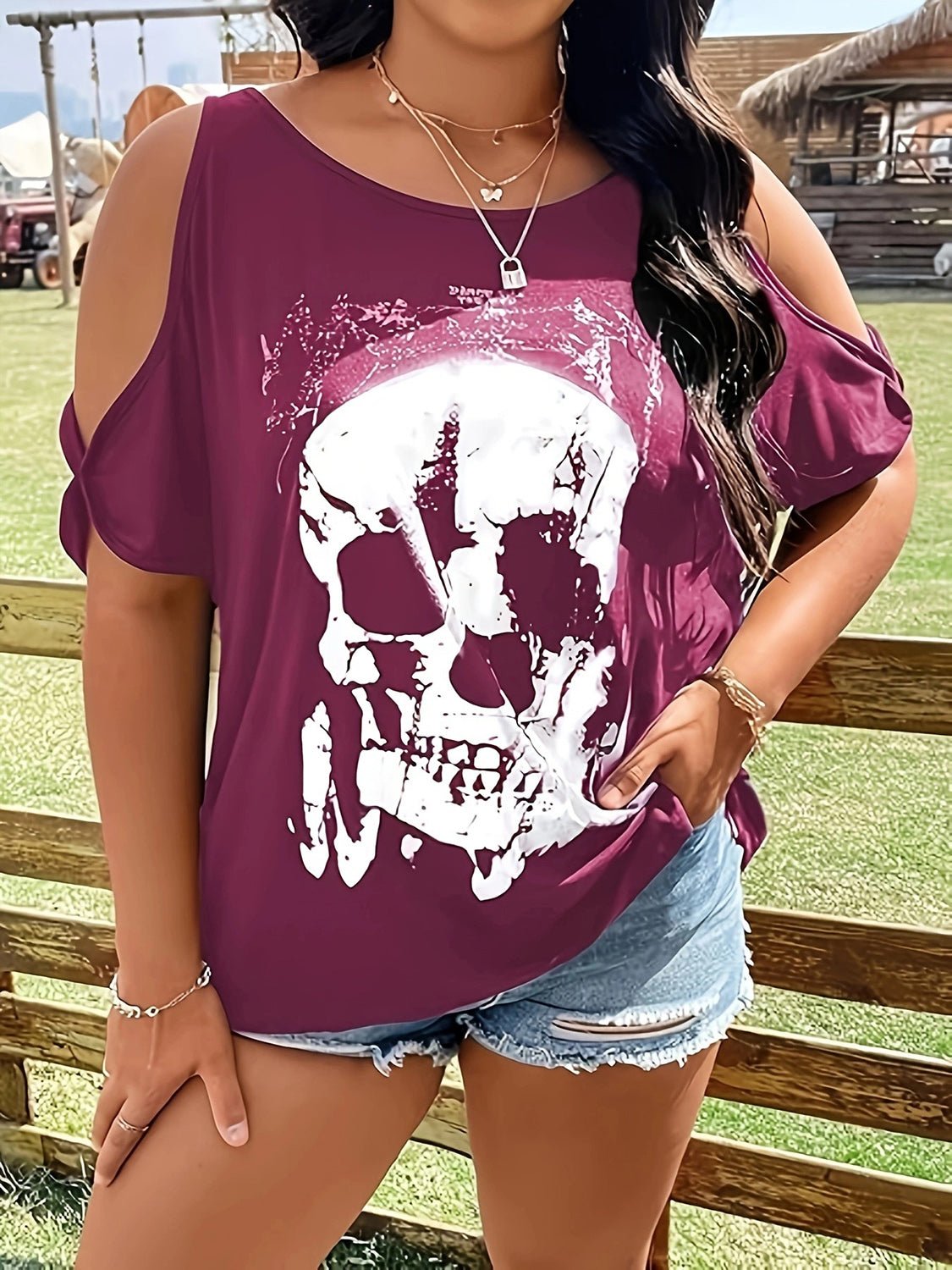 Plus Size Skeleton Graphic Round Neck Cold Shoulder T-Shirt - Purcell's Clothing Company - 