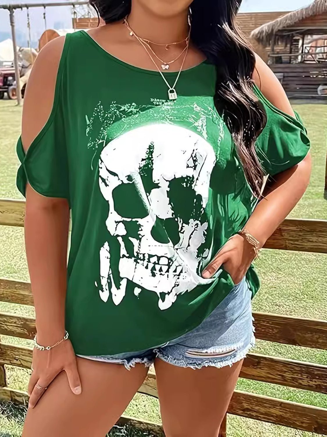 Plus Size Skeleton Graphic Round Neck Cold Shoulder T-Shirt - Purcell's Clothing Company - 