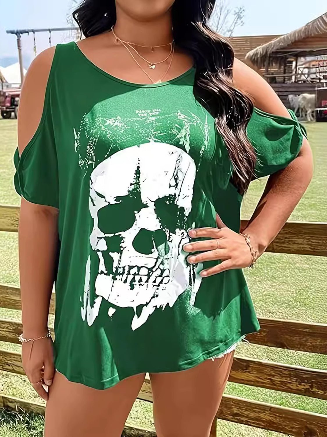 Plus Size Skeleton Graphic Round Neck Cold Shoulder T-Shirt - Purcell's Clothing Company - 