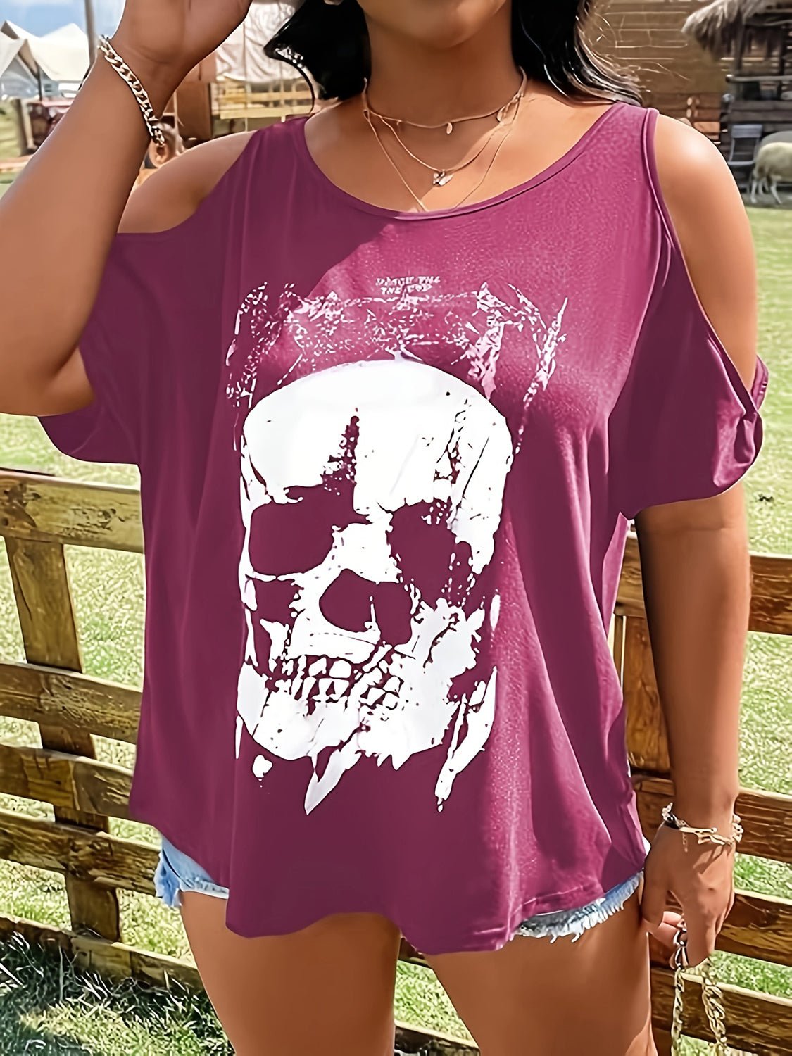 Plus Size Skeleton Graphic Round Neck Cold Shoulder T-Shirt - Purcell's Clothing Company - 