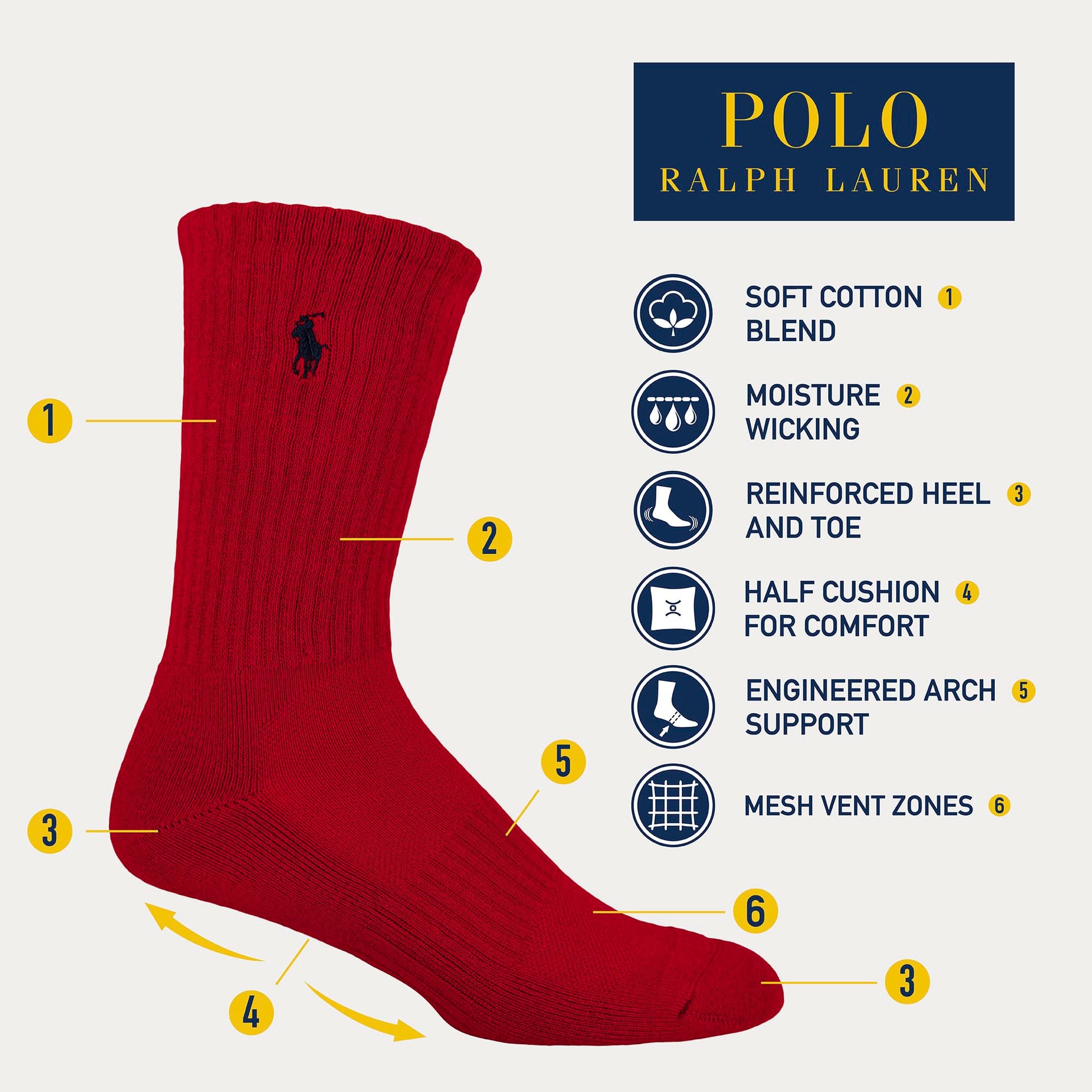 Polo Ralph Lauren Performance Cotton Crew Socks (6 - Pack) - Purcell's Clothing Company - 