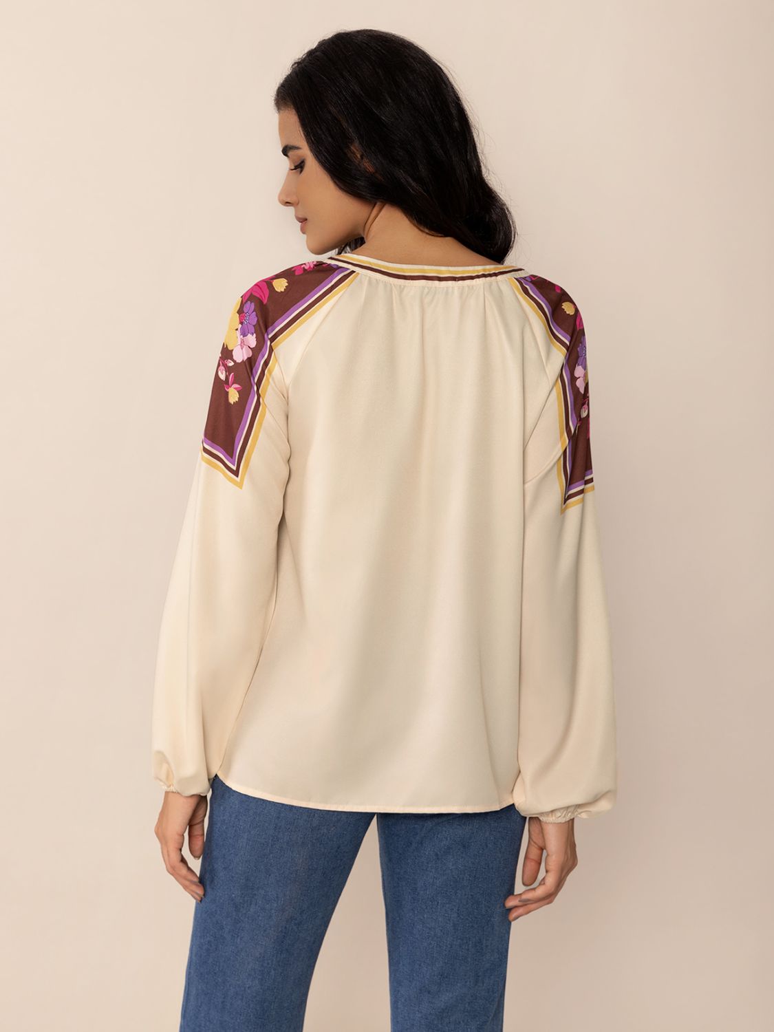 Printed Notched Long Sleeve Blouse - Purcell's Clothing Company - 