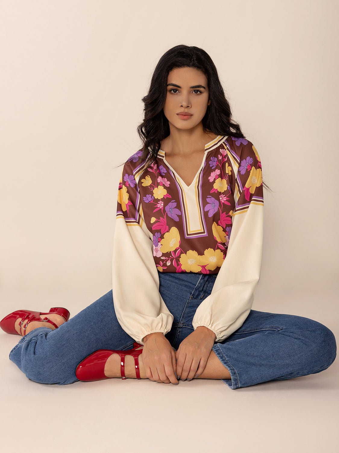 Printed Notched Long Sleeve Blouse - Purcell's Clothing Company - 