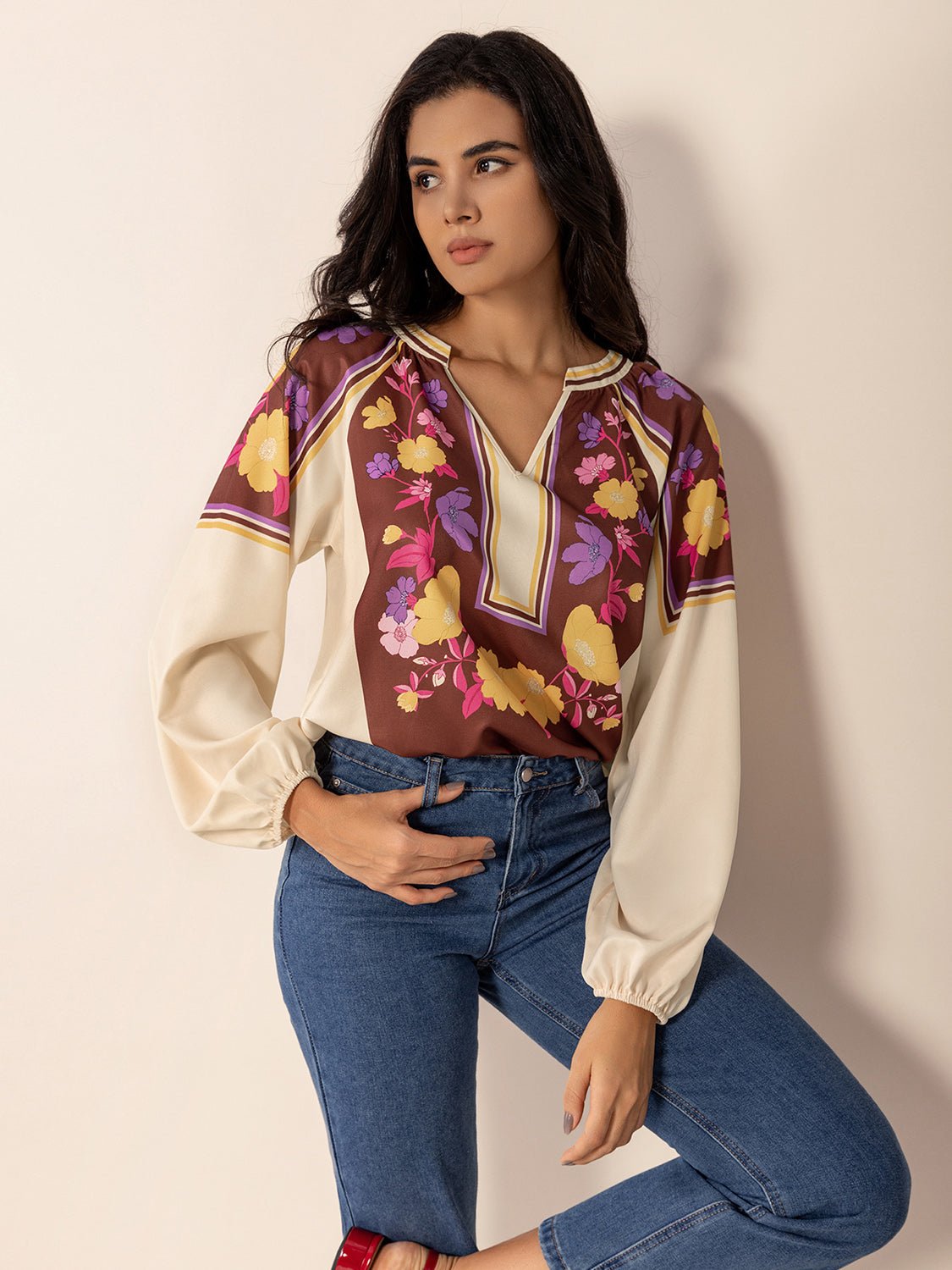 Printed Notched Long Sleeve Blouse - Purcell's Clothing Company - 