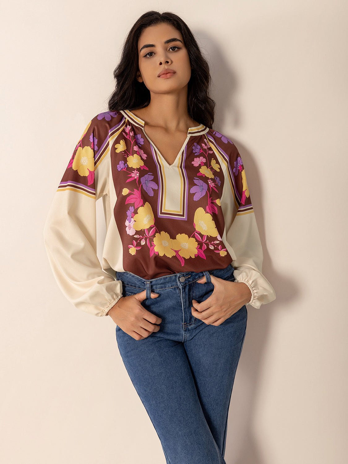 Printed Notched Long Sleeve Blouse - Purcell's Clothing Company - 