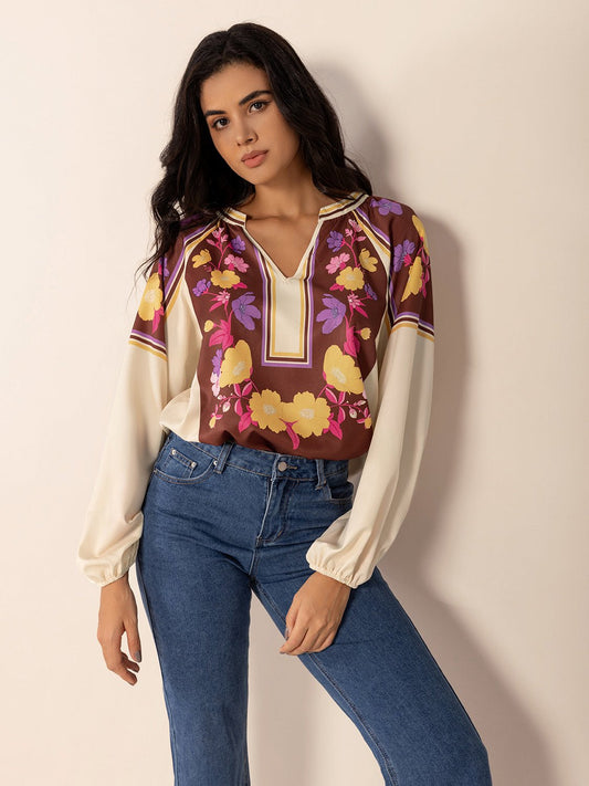 Printed Notched Long Sleeve Blouse - Purcell's Clothing Company - 