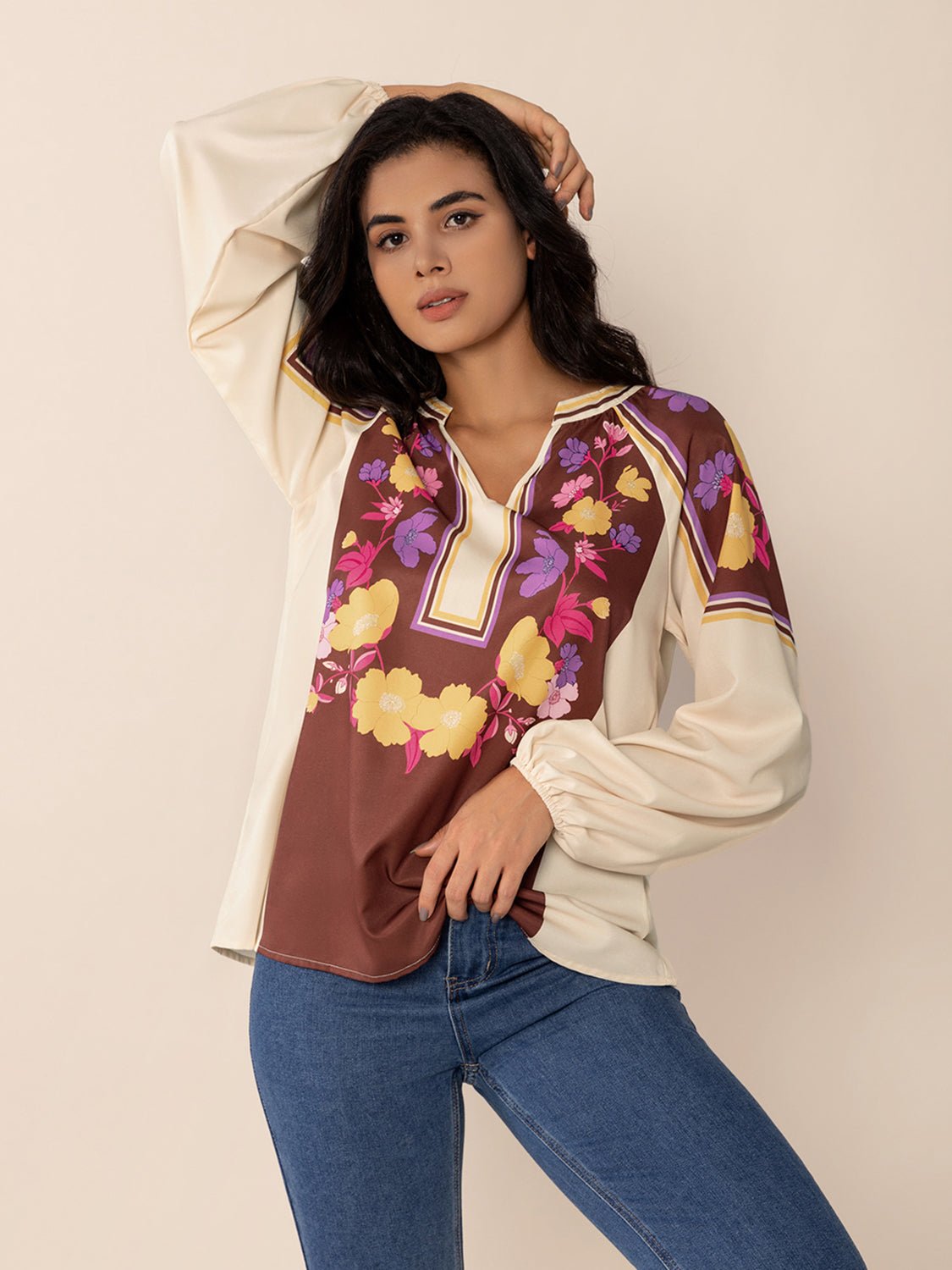 Printed Notched Long Sleeve Blouse - Purcell's Clothing Company - 