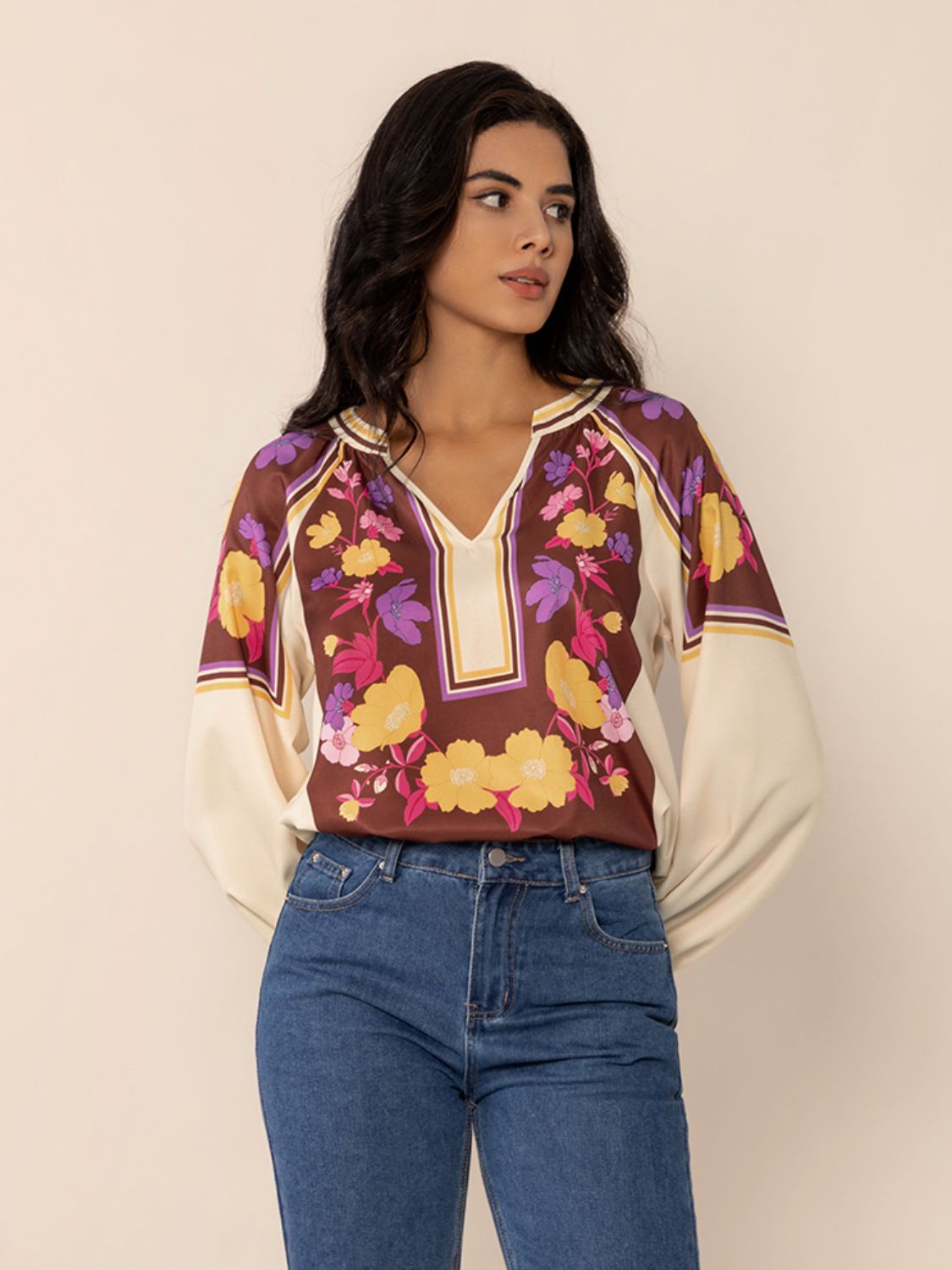 Printed Notched Long Sleeve Blouse - Purcell's Clothing Company - 