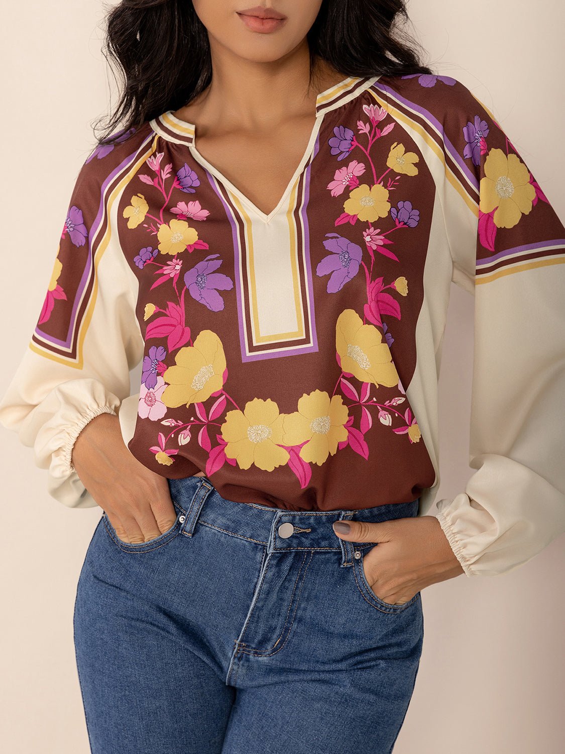 Printed Notched Long Sleeve Blouse - Purcell's Clothing Company - 