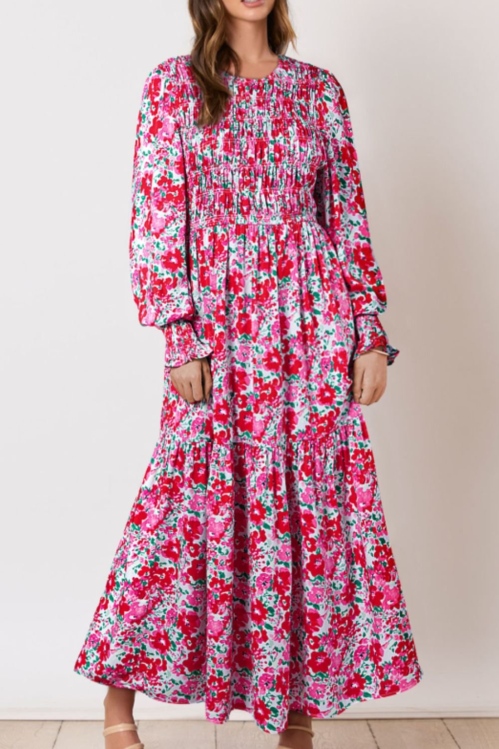 Printed Round Neck Lantern Sleeve Maxi Dress - Purcell's Clothing Company - 