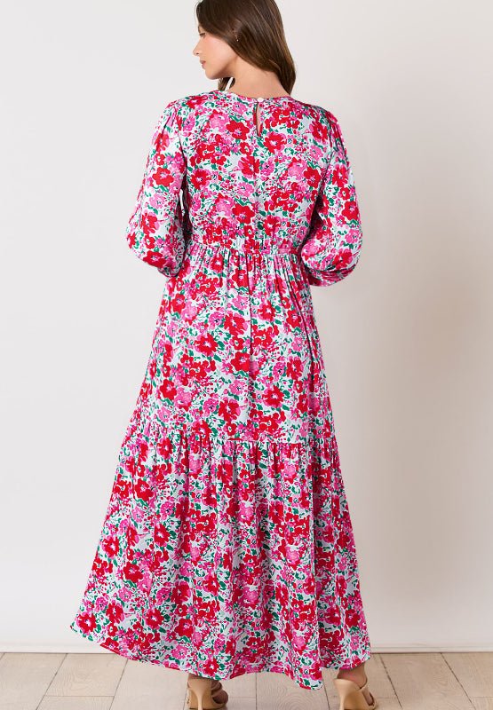 Printed Round Neck Lantern Sleeve Maxi Dress - Purcell's Clothing Company - 