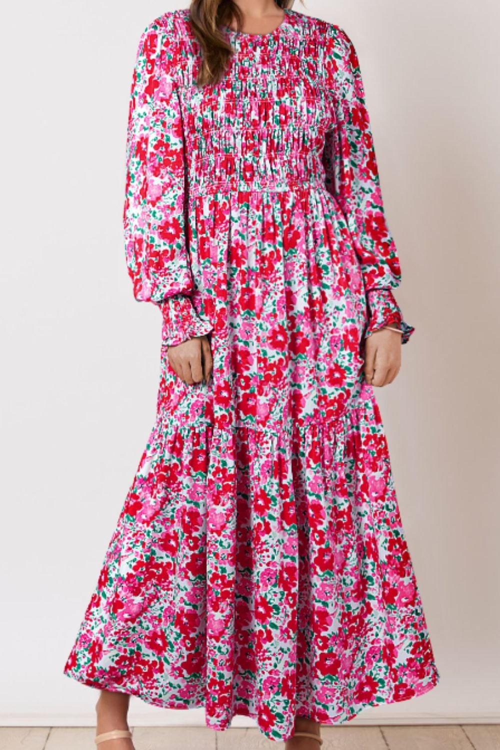 Printed Round Neck Lantern Sleeve Maxi Dress - Purcell's Clothing Company - 