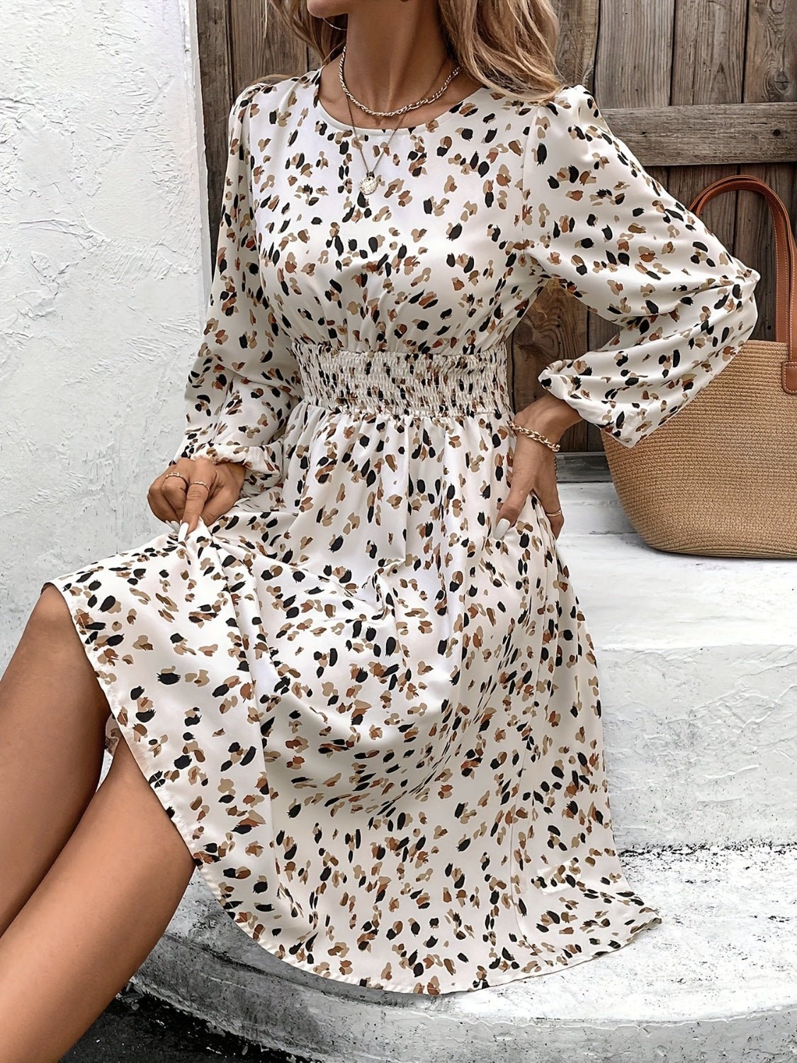 Printed Round Neck Long Sleeve Dress - Purcell's Clothing Company - 