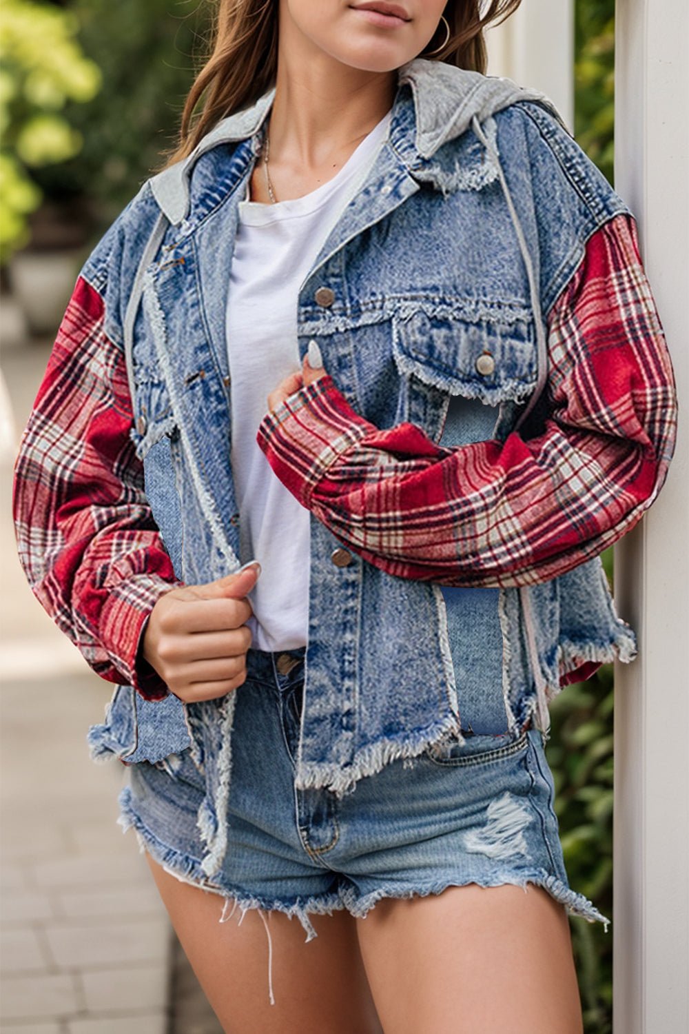 Raw Hem Drawstring Plaid Denim Jacket - Purcell's Clothing Company - 