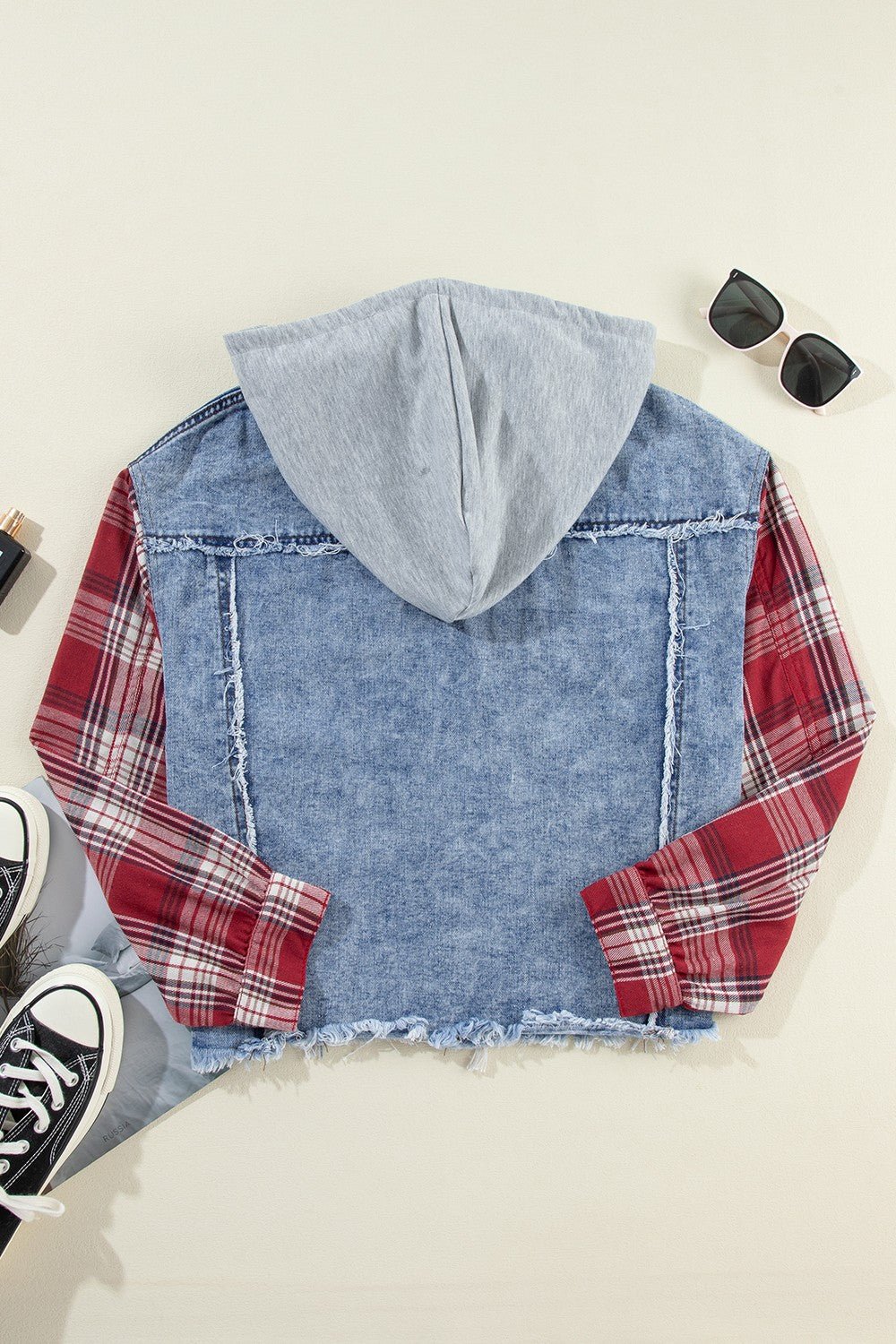 Raw Hem Drawstring Plaid Denim Jacket - Purcell's Clothing Company - 