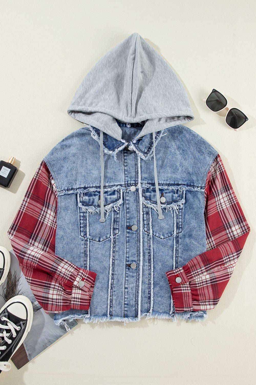 Raw Hem Drawstring Plaid Denim Jacket - Purcell's Clothing Company - 