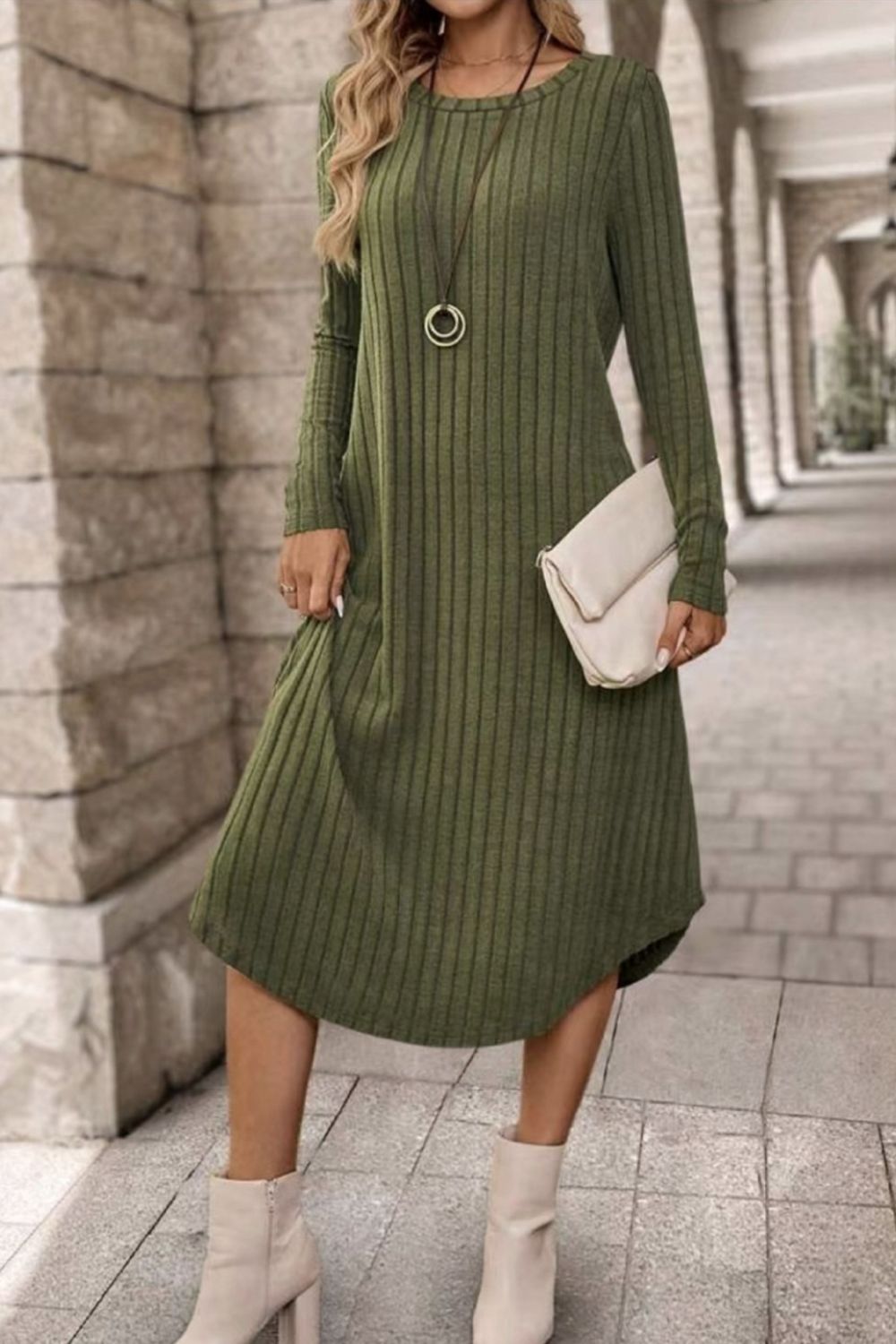 Ribbed Curved Hem Round Neck Long Sleeve Dress - Purcell's Clothing Company - 