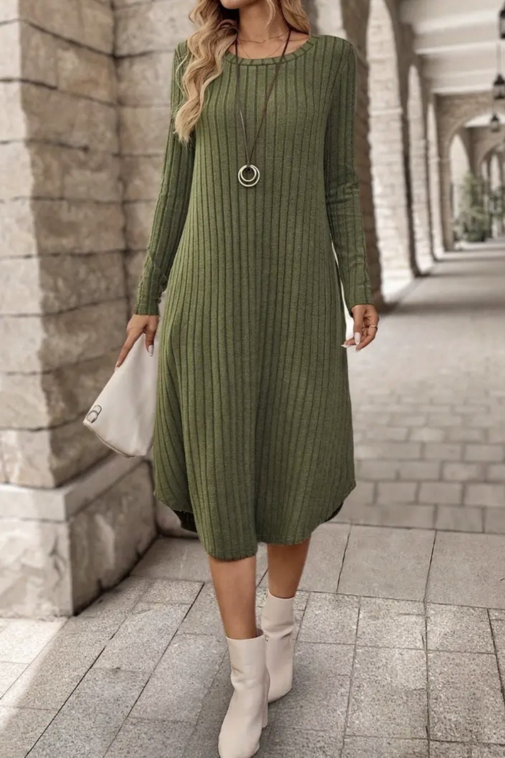 Ribbed Curved Hem Round Neck Long Sleeve Dress - Purcell's Clothing Company - 