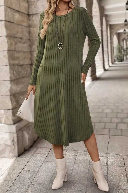 Ribbed Curved Hem Round Neck Long Sleeve Dress - Purcell's Clothing Company - 