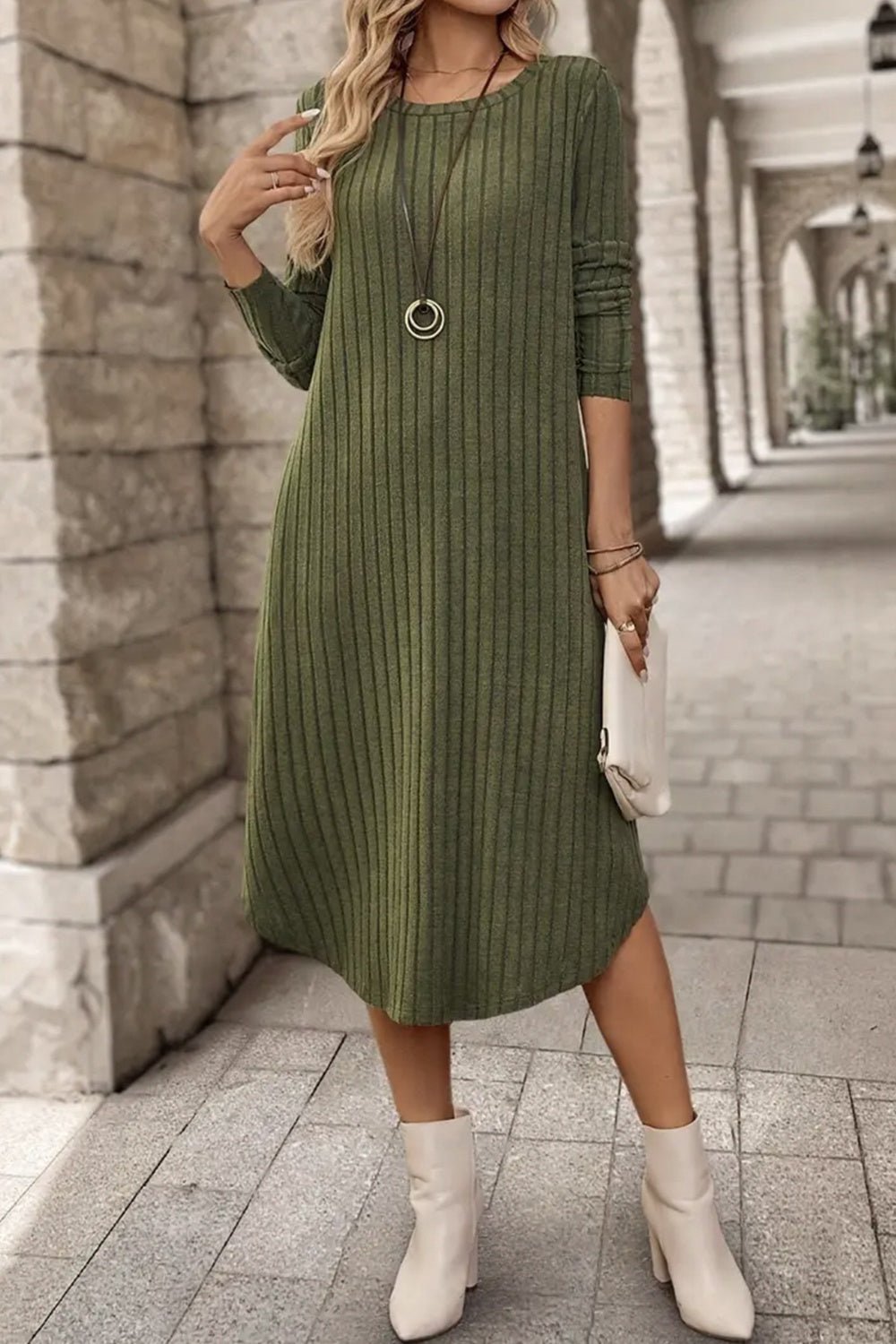 Ribbed Curved Hem Round Neck Long Sleeve Dress - Purcell's Clothing Company - 