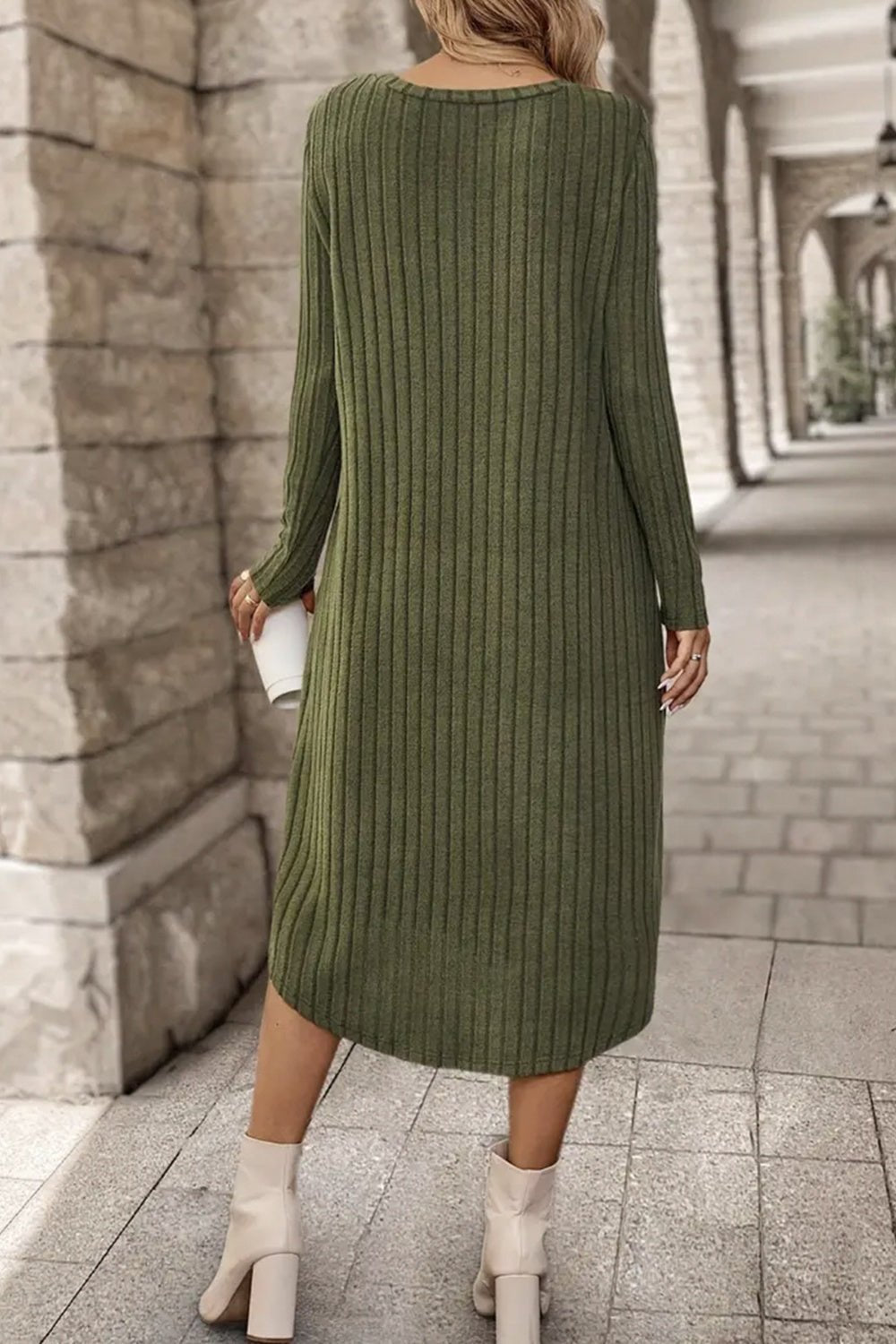 Ribbed Curved Hem Round Neck Long Sleeve Dress - Purcell's Clothing Company - 