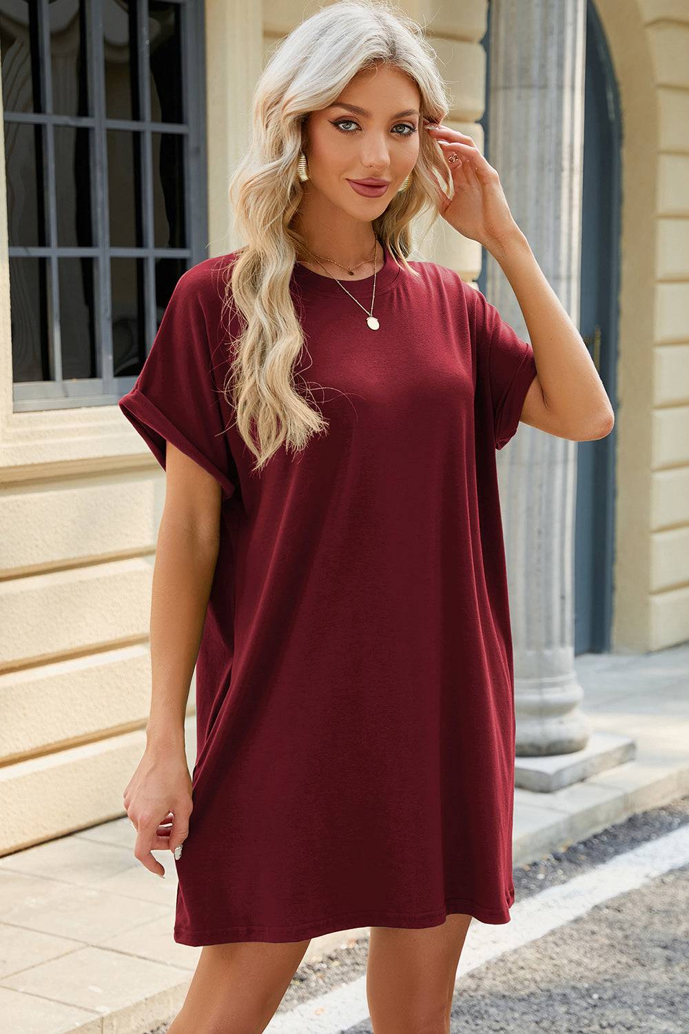 Round Neck Rolled Short Sleeve Tee Dress - Purcell's Clothing Company - 