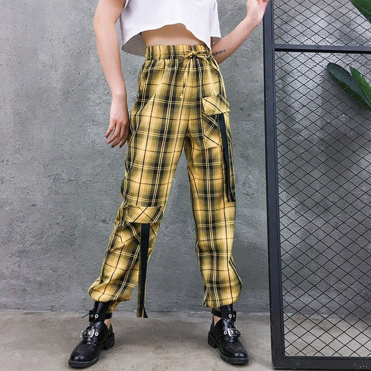 Street Style Plaid Cargo Pants Women Elastic High Waist Baggy Jogger Pants Pockets Womens Hippie Trousers Streetwear - Purcell's Clothing Company - 0