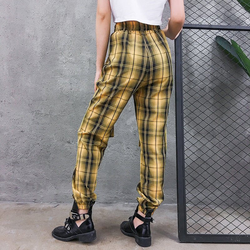 Street Style Plaid Cargo Pants Women Elastic High Waist Baggy Jogger Pants Pockets Womens Hippie Trousers Streetwear - Purcell's Clothing Company - 0