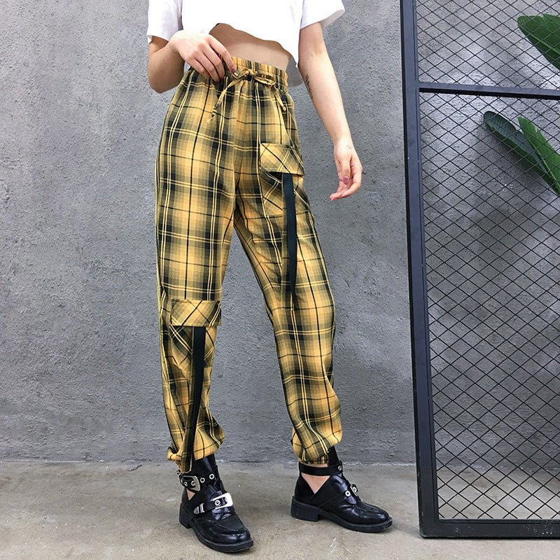 Street Style Plaid Cargo Pants Women Elastic High Waist Baggy Jogger Pants Pockets Womens Hippie Trousers Streetwear - Purcell's Clothing Company - 0