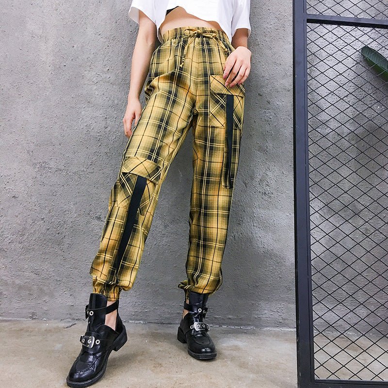 Street Style Plaid Cargo Pants Women Elastic High Waist Baggy Jogger Pants Pockets Womens Hippie Trousers Streetwear - Purcell's Clothing Company - 0