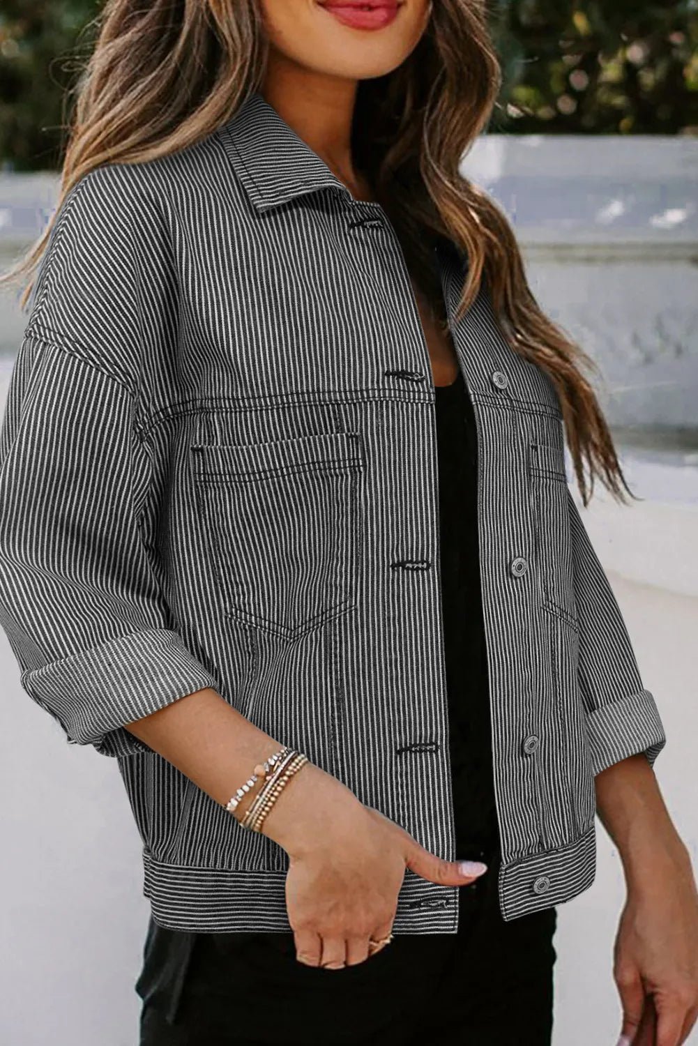 Striped Button Up Long Sleeve Denim Jacket - Purcell's Clothing Company - 