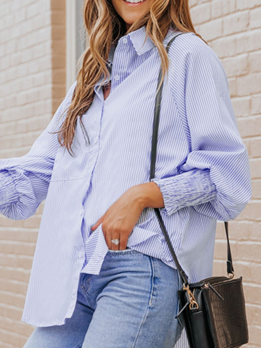 Striped Collared Neck Lantern Sleeve Shirt - Purcell's Clothing Company - 