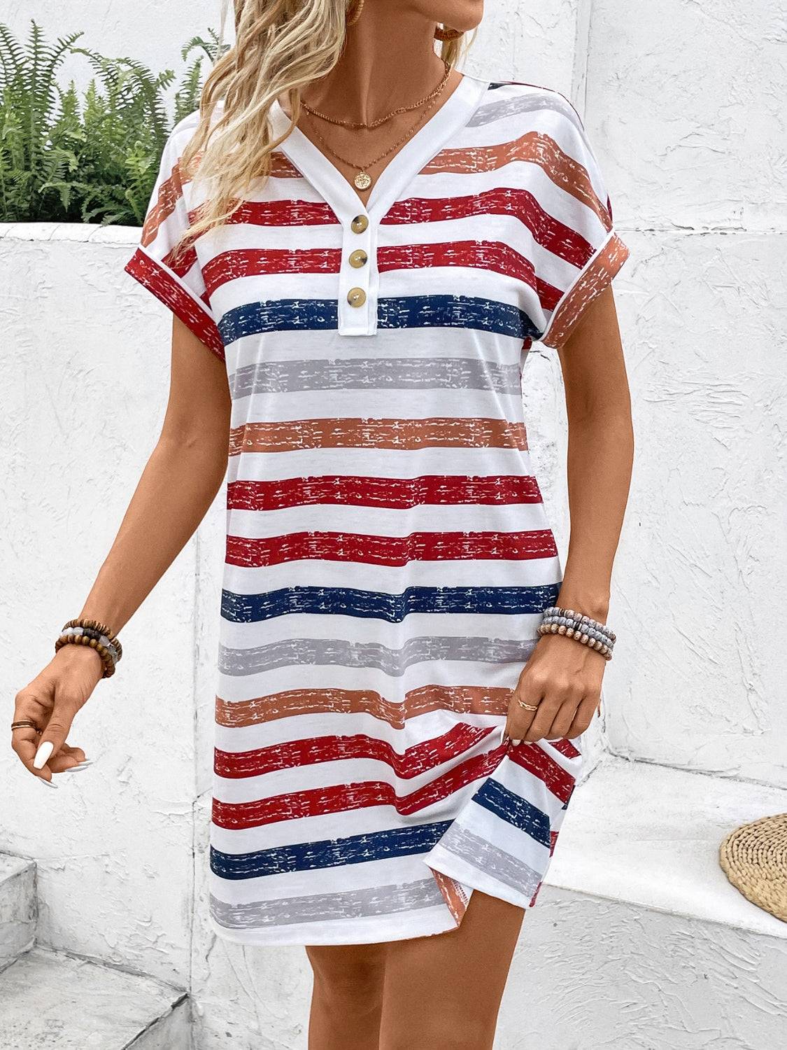 Striped V - Neck Short Sleeve Dress - Purcell's Clothing Company - 