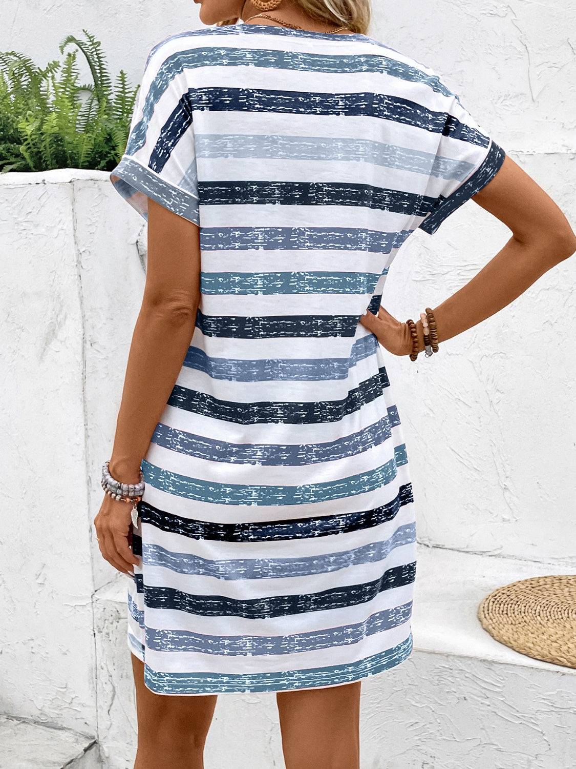 Striped V - Neck Short Sleeve Dress - Purcell's Clothing Company - 