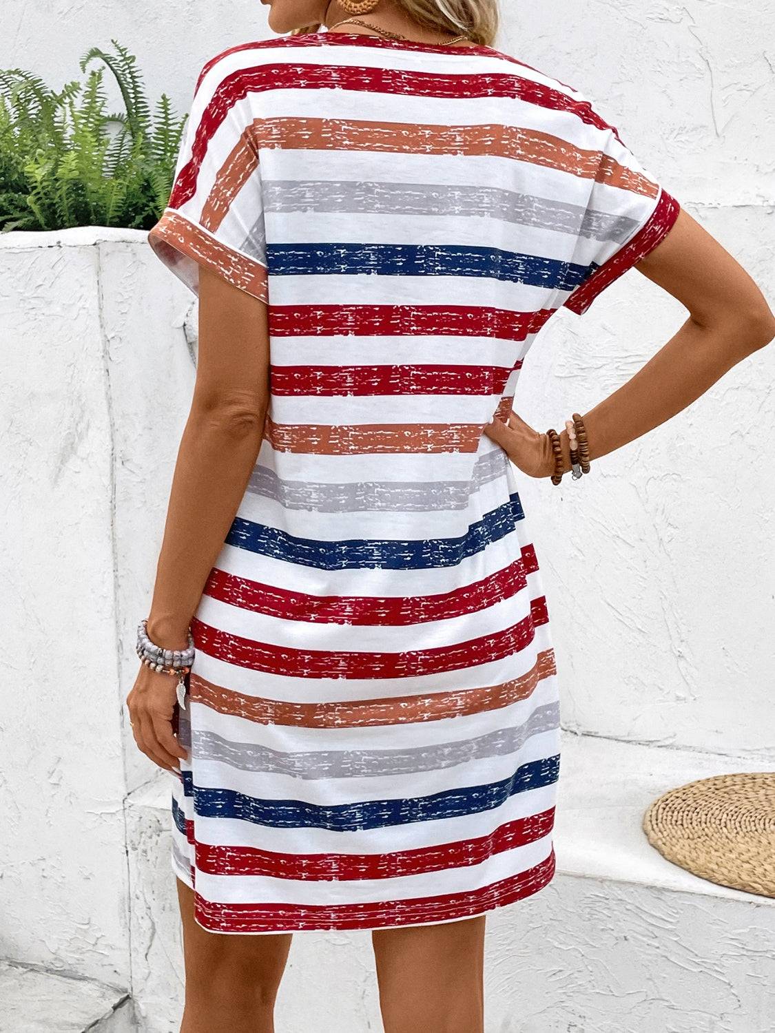 Striped V - Neck Short Sleeve Dress - Purcell's Clothing Company - 