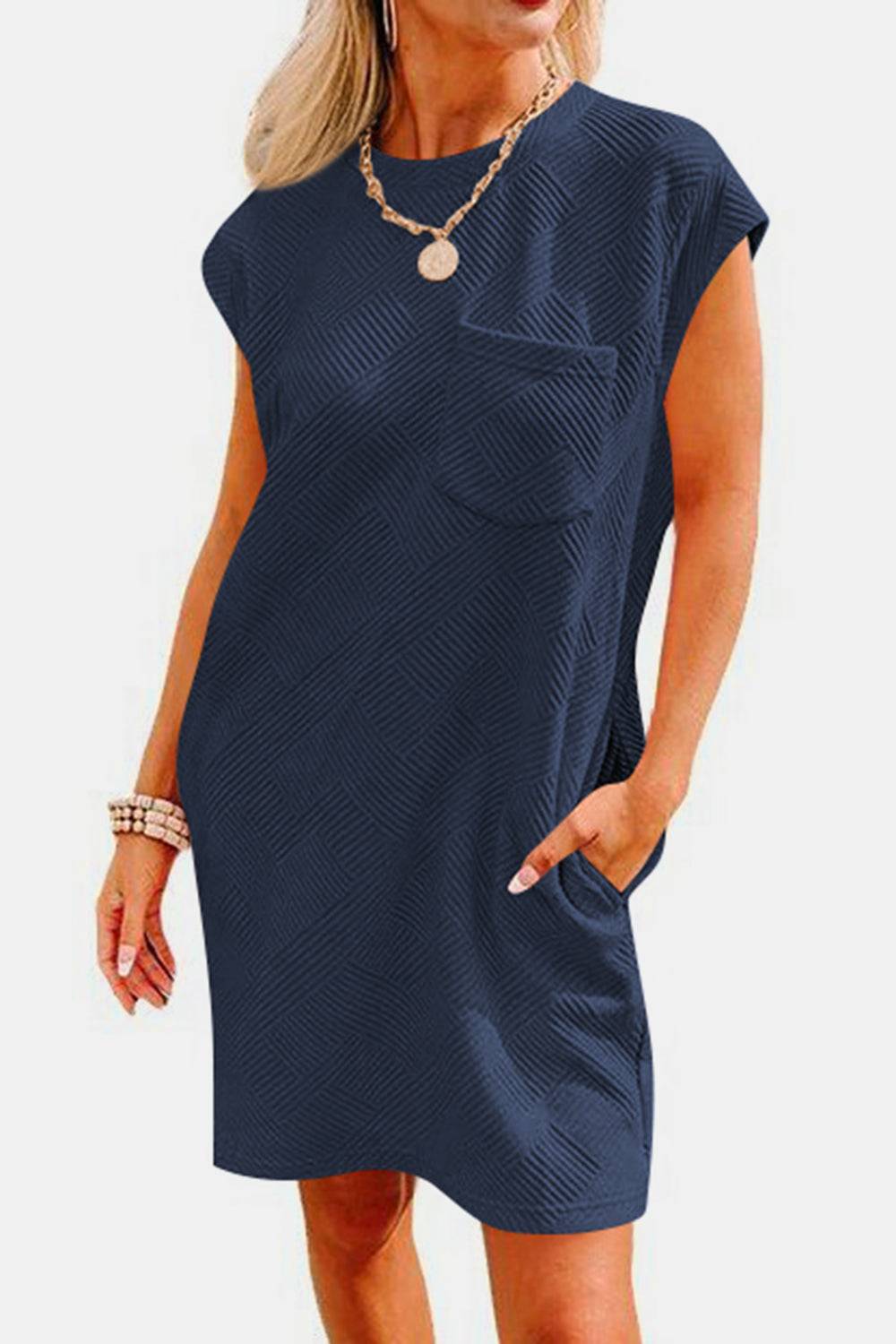 Textured Round Neck Cap Sleeve Dress - Purcell's Clothing Company - 