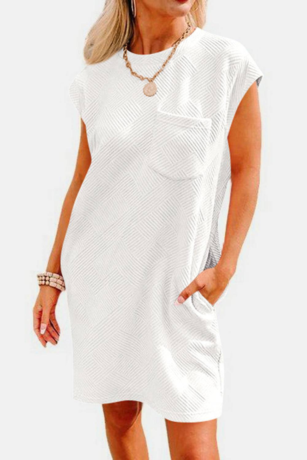 Textured Round Neck Cap Sleeve Dress - Purcell's Clothing Company - 