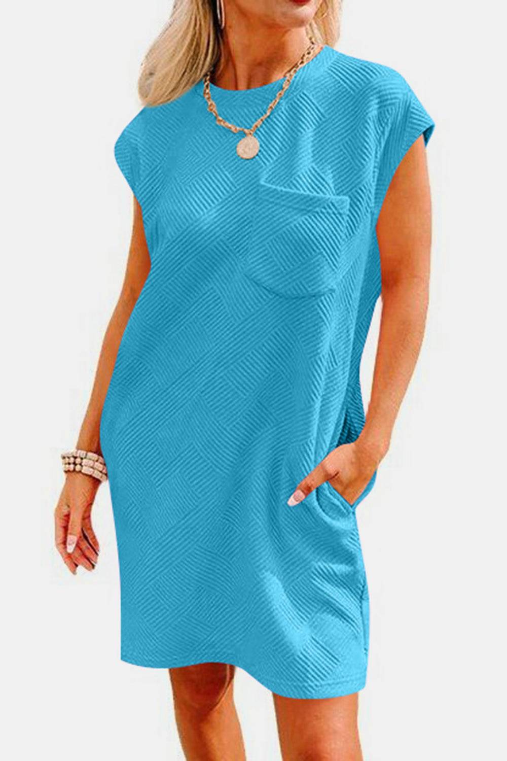 Textured Round Neck Cap Sleeve Dress - Purcell's Clothing Company - 