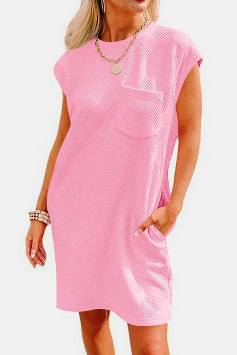 Textured Round Neck Cap Sleeve Dress - Purcell's Clothing Company - 