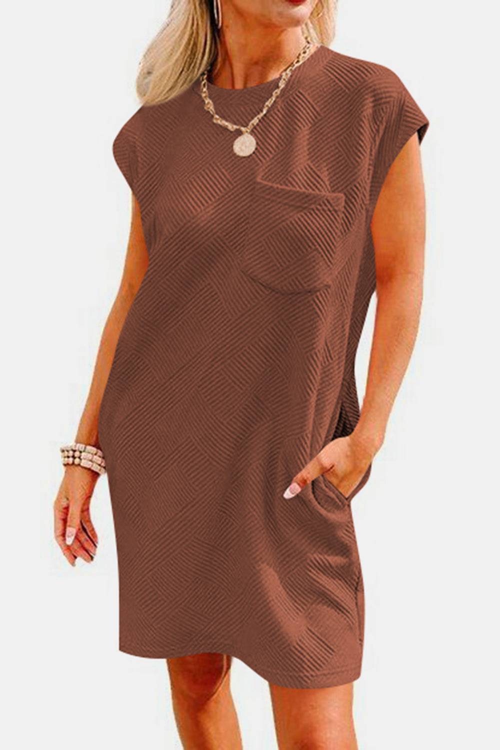 Textured Round Neck Cap Sleeve Dress - Purcell's Clothing Company - 