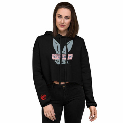 Woman wearing black Purcell's Party Animal print cropped hoodie with raw hem and drawstrings