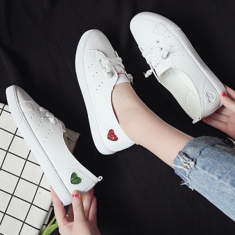 Womens Flat Sneakers Shoes Slip On Lace Up White Heart Cute - Purcell's Clothing Company - 0